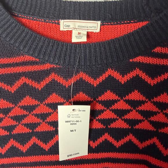 NWT GAP Designed Crafted Men’s M Tall Fair Isle Reindeer Sweater Navy Red Cotton - Picture 3 of 4